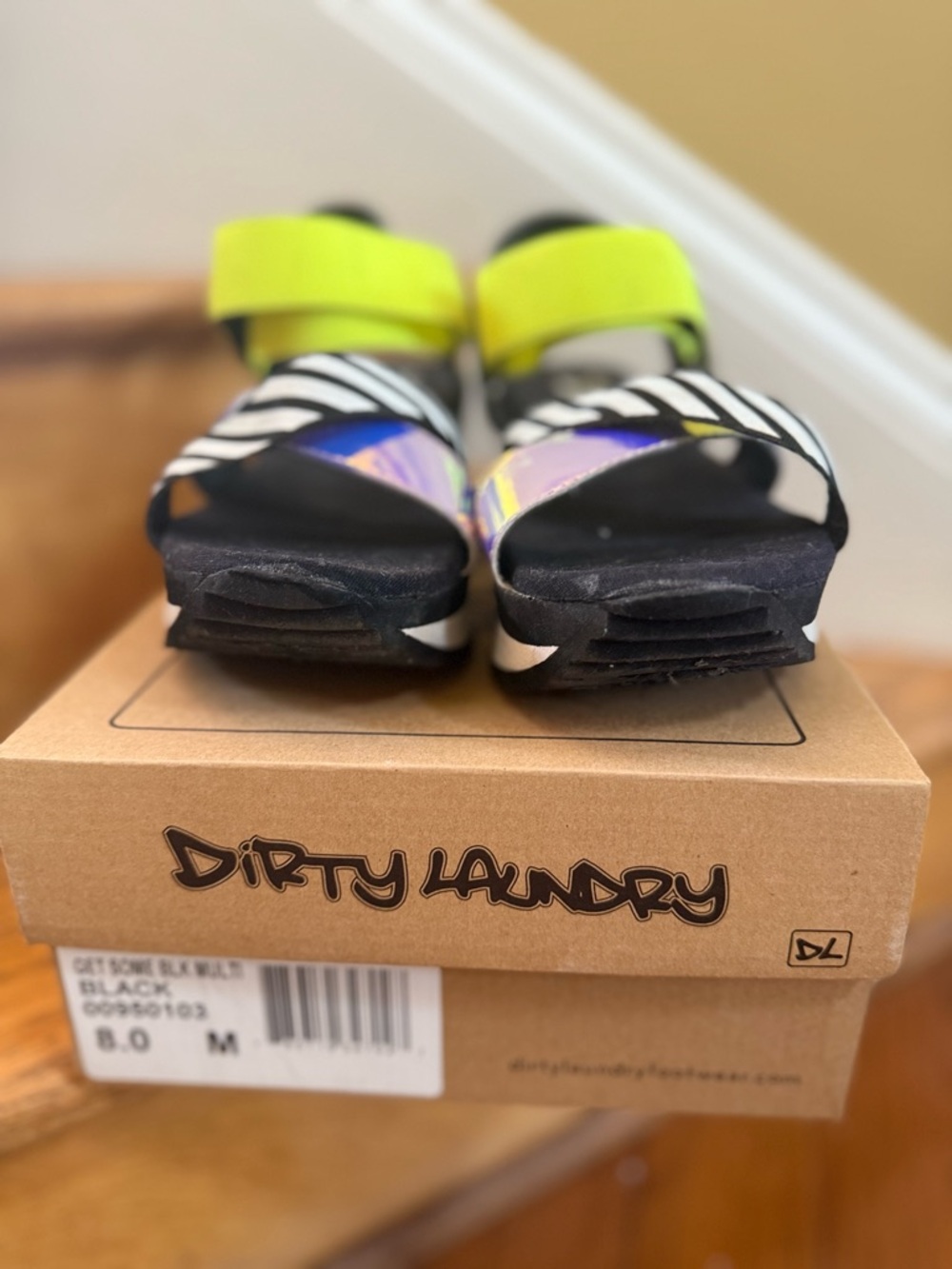 Dirty Laundry Neon Yellow, Black & White Striped Iridescent Wedge Sandals - Picture 3 of 6